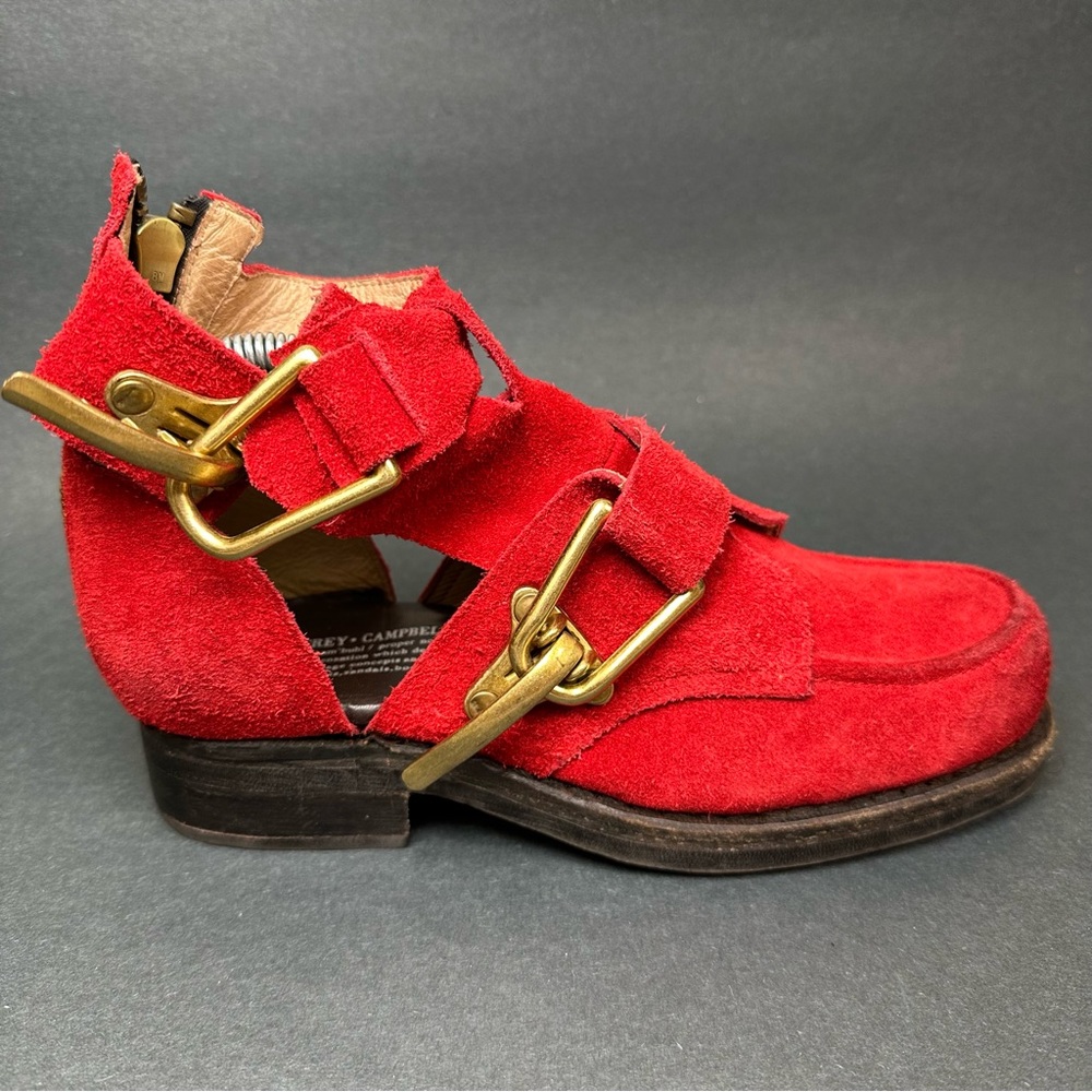 Jeffrey Campbell Flashing Red Suede Gold Buckles Heeled Zip Up Boots US Size 7